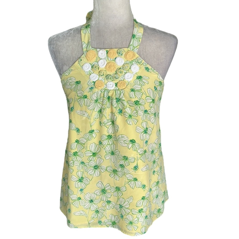 LN Lilly Pulitzer Genna Silk Yellow & Green Silk Rosette Tie Neck Halter Top - 6